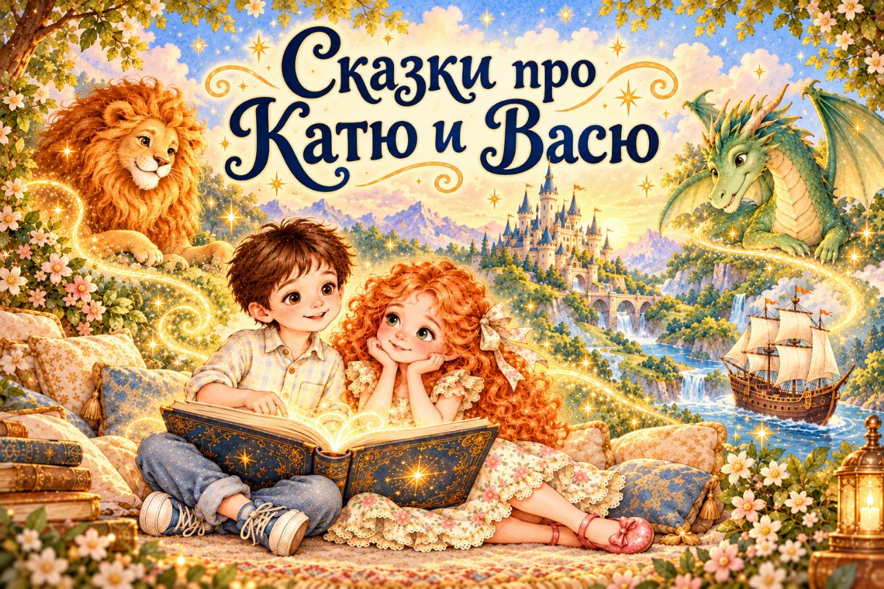 Сказки про Катю и Васю: дети читают книгу в волшебном мире со Львом, драконом, замком и кораблём